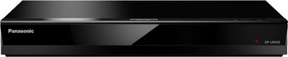 Panasonic DP-UB420 4K Blu-ray-afspiller set forfra i sort, blank front, rødt display