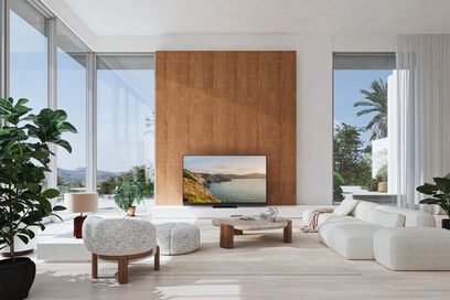 Televisor de alta definición Panasonic TV-77Z95B negro, pantalla plana de gran tamaño en vidrio con marco delgado de metal, vista frontal