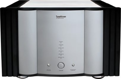 Hi-fi effektforstærker Tonewinner AD-PA+ sølv, front i børstet aluminium med runde knapper og sorte køleribber på siderne