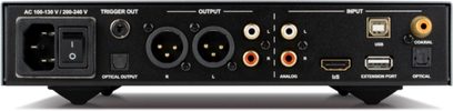 Nuprime DAC-9SE sort audio-DAC-konverter, bagside, analoge og digitale audio-stik, kontakt, USB-port