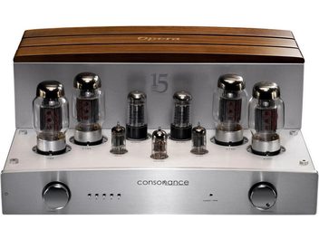 Amplificador integrado estéreo a válvulas Consonance Cyber 100 15th Anniversary, vista frontal, acabado en plata, panel frontal con 2 botones circulares, 6 válvulas visibles en la parte superior, cubierta trasera de madera