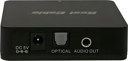 Transmetteur sans fil Real Cable iPlug-BTR HD, boîtier plastique noir mat, vue arrière, ports DC 5V, optique et audio 3,5 mm