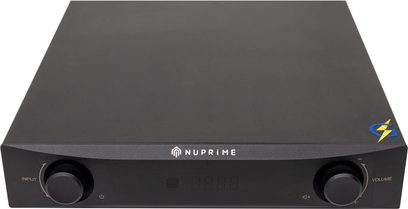 Amplificator hi-fi Nuprime IDA-9 negru, carcasă metalică, din față, cu două butoane rotative, afișaj și buton de pornire