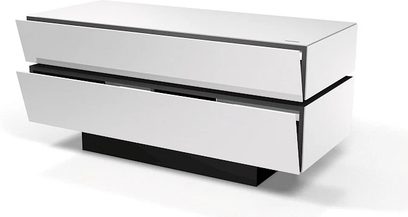 Spectral Brick BR1203 audio-video møbel, set forfra, 3 lukkede vandrette skuffer, højglans hvid og mat sort, rent og moderne design