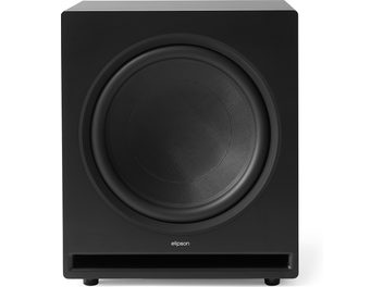 Elipson Premium Sub 15 matzwarte subwooferkast, houten behuizing, ronde luidspreker en frontale bassreflexpoort, vooraanzicht