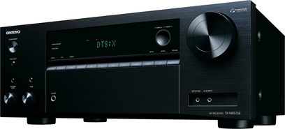 Onkyo TX-NR575E sort hjemmebiografsforstærker, frontpanel, frontvisning, grøn "DTSHD"-skærm, knapper, volumenkontrol