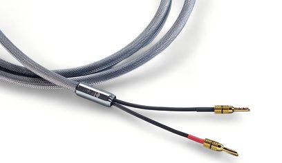 Reproduktorový kabel Siltech Explorer180L HP 2×3 m, stříbrný opletený plášť, pozlacené banánky z kovu, pohled shora, červené označení