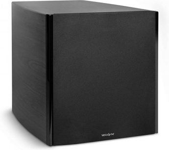 Subwoofer Velodyne DD-18+ černý, pohled zepředu, krychlový tvar, matná černá povrchová úprava, černá mřížka na přední straně