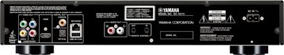 Yamaha BD-S673 titano Blu-ray grotuvas, galinis vaizdas, audio-video jungtys, HDMI, USB ir tinklo prievadai, ekranas