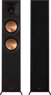Two Klipsch RP-6000F II walnut floorstanding speakers with black front and copper-colored drivers, on a white background