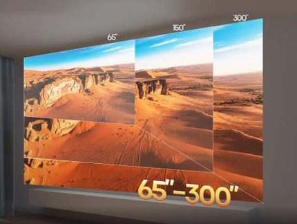 Écran de projection mural 65 à 300 pouces, comparaison de tailles avec paysage désertique