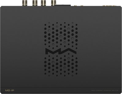 Amplificator hi-fi stereo integrat Matrix Audio MD-1P, negru, carcasă metalică, vedere de sus, grilă centrală de ventilație cu model perforat MA și un șir de conectori RCA aurii pe marginea superioară