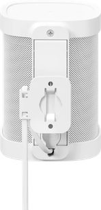 Vit väggmonteringsställning för Sonos-högtalare, frontvy, cirkulärt perforerat galler, centrerad knapp, sidofästen