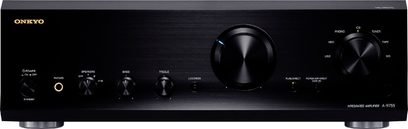 Zwarte Onkyo A-9755 stereo hifi-versterker, vooraanzicht, zilveren bedieningsknoppen en draaiknoppen, groen display