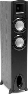 Klipsch Synergy F-20 juoda kolonėlė, vaizduojama iš priekio, su dviem apvaliais garsiakalbiais ir vienu aukštųjų dažnių garsiakalbiu, šviesaus medžio fone