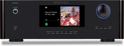 Integruotas stereo hi-fi stiprintuvas Rotel RAS-5000 juodas, vaizdas iš priekio, centrinis ekranas, apvalus mygtukas dešinėje, keli mygtukai apačioje