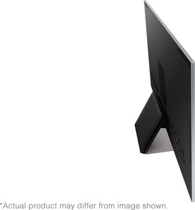 Televizor Samsung QE85QN900A, pohled z pravého profilu, černá obrazovka, tenký kovový rám, centrální stojan z černého kovu