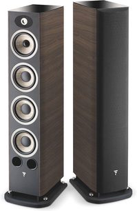 Sloupové reproduktory Focal Aria 936 ořech, pohled zepředu, tmavé dřevěné provedení, 4 kulaté reproduktory, výškový reproduktor nahoře