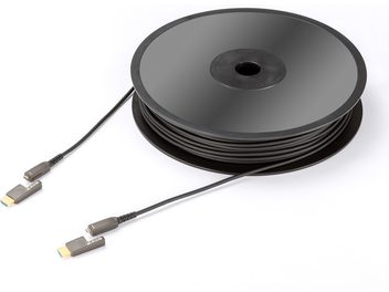 Svart HDMI-kabeltrommel med grå kontakter, på hvit bakgrunn