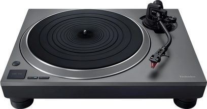 platine vinyle Technics SL-1500CS grise à entraînement direct, plateau noir rainuré et bras en S avec cellule rouge
