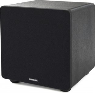 Subwoofer Paradigm Essentials Sub 10 cubic negru cu colțuri rotunjite, față din material textil, picioare vizibile în partea de jos