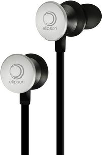 Dva sluchátka Elipson IN-EAR N°1 z kartáčovaného kovu, zobrazená z profilu, s černými silikonovými náušníky