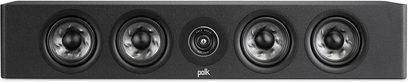 Polk Audio R350 centrale nera, vista frontale, 4 altoparlanti rotondi neri, 1 tweeter centrale, griglia nera rimovibile