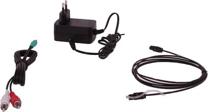 Adattatore di corrente nero Enova HIFI VELA V, cavo audio RCA rosso e bianco, cavo nero con connettore verde