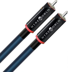 Analogt RCA-lydkabel Wireworld Oasis 10 RCA 1m, sorte cylindriske stik med røde ringe, mørkeblå krop