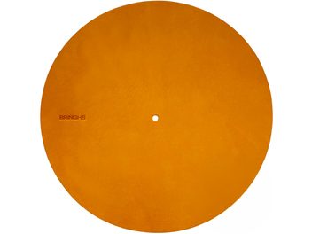 Turntable platter cover Bringhs, saffron finish, circular, smooth surface, central hole, visible Bringhs inscription