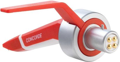 Celulă DJ Ortofon Concorde MKII DIGITAL roșie și argintie, vedere laterală, conector cu 4 pini, vârf de citire sferic