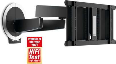 Zwarte Vogel's NEXT 7356 muurbeugel voor tv, twee draaibare armen, rood en geel logo "HiFi Test TV-HiFi Product van het Jaar 2021"
