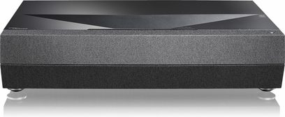 Optoma CinemaX D2 sort projektor, rektangulær, mat sort, mørkegrå akustisk gitter, set forfra