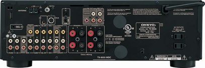 Onkyo TX-8555 sort hi-fi stereoforstærker, bagside, audio/video-tilslutninger, stik og justeringsknapper