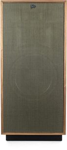 Sloupcový reproduktor Klipsch Forte IV v ořechovém provedení, přední pohled, černá mřížka s jemným pletivem, světlý dřevěný kryt, pohled zepředu