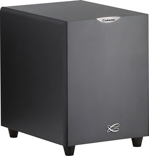 Cabasse Orion MT31 wengé subwoofer, frontvisning, kubisk form, mørk træfinish, sølvfarvet logo nederst til højre