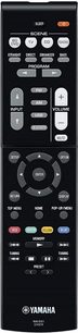 Schwarze Yamaha-Fernbedienung mit grauen und orangefarbenen Tasten zur Steuerung von Lautstärke, Eingängen, Programmen und Audioeinstellungen