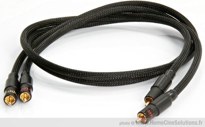 RCA-lydkabel MPC Audio Squisito sort flettet modulation, vinklet forgyldte RCA-stik, ovenfra set på hvid baggrund