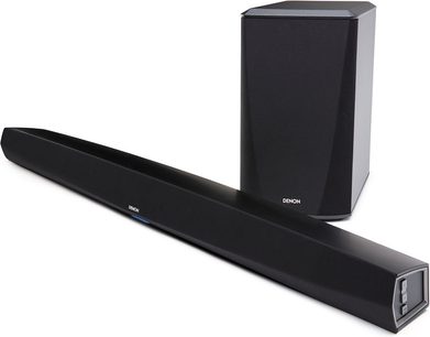 Sort Denon DHT-S516H soundbar og matchende subwoofer set forfra på hvid baggrund