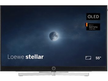 Телевизор Loewe Stellar 55 DR+ черен, изглед отпред, OLED екран с тънки рамки и интегриран сребрист саундбар