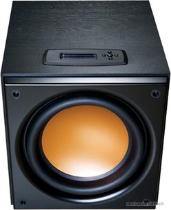 Klipsch RSW-10d sort baskabin, set forfra, blank sort front med orange rund højttaler i midten