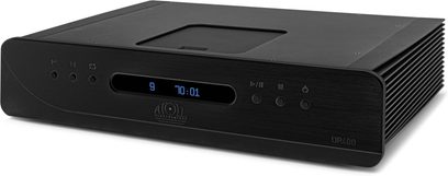 High-Fidelity-CD-Player Atoll Electronique DR400 Evolution in Schwarz, Gehäuse aus gebürstetem Aluminium mit rechteckiger Toplader-Öffnung, Front mit blauem Digitaldisplay, vier runden Tasten und seitlichen Kühlrippen, Ansicht aus vorderer rechter Dreiviertelperspektive