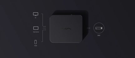 Mat sort aluminiums kabinet, set oppefra i let trekvart, kvadratisk format med afrundede hjørner og diskret centralt logo