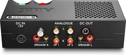 Ampli hi-fi stéréo Chord Electronics ANNI Noir, vue de face, connecteurs et commandes en façade, grille de ventilation
