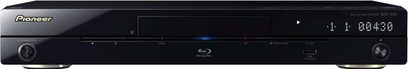 Pioneer BDP-430 sort Blu-ray-afspiller, frontvisning, blåt digitalt display, knapper og diskskuffe