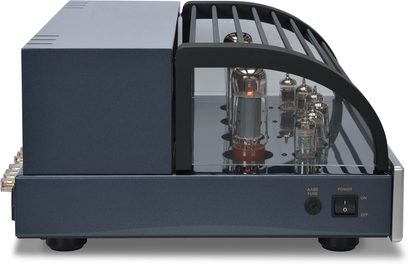 Amplificatore di potenza PrimaLuna EVO 300 argento, vista frontale, coperchio aperto che rivela 4 valvole e circuiti interni