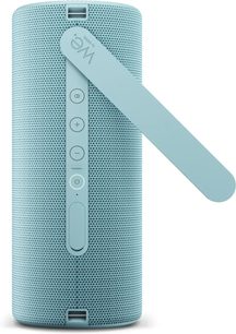 Przenośny głośnik Bluetooth Loewe We. HEAR 2 niebieski, cylindryczny format z paskiem i widocznymi bocznymi przyciskami sterującymi