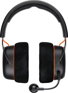 Ohrumschließendes Headset Beyerdynamic MMX 150 WL schwarz, Kunststoff, Velourpolster, orangefarbene Details, Schwanenhalsmikrofon, Frontansicht