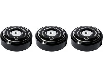 Τρία μαύρα κυκλικά αντίβαρα Franc Audio Accessories Ceramic Disc Slim foot, όψη από πάνω, με λευκό λογότυπο