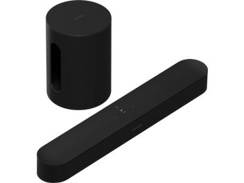 Barra de sonido Sonos Beam (Gen 2) y subwoofer Sub Mini negros, vistos de frente y de perfil sobre fondo blanco